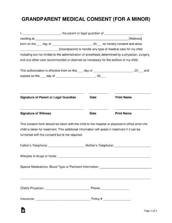 Minor Medical Consent Form For Grandparents