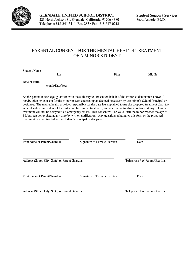 Consent For Mental Health Treatment Of A Minor Form