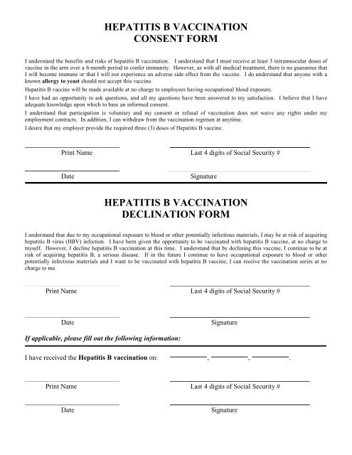 Hepatitis B Vaccine Consent Declination Form