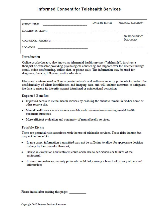 Telehealth Informed Consent Form Psychotherapy Pdf