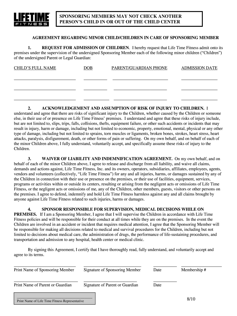 Lifetime Fitness Consent Form