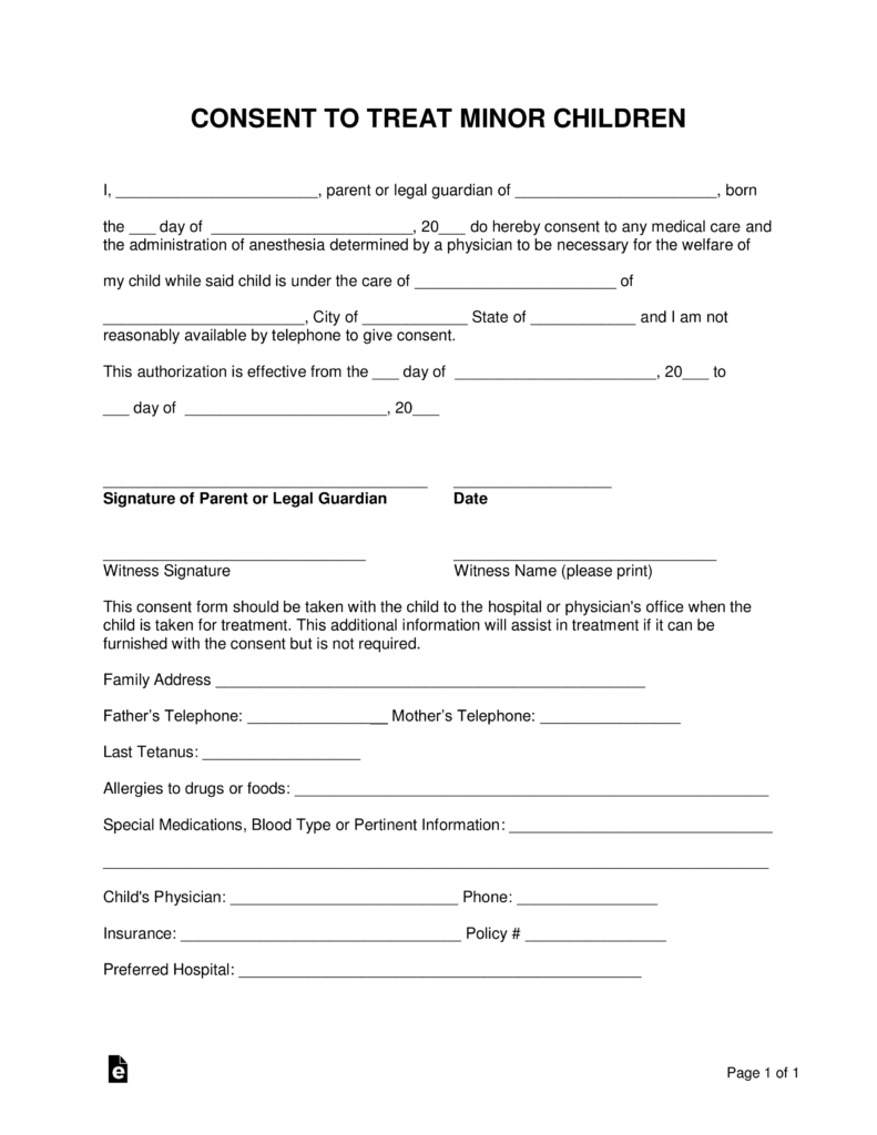 Medical Treatment Printable Medical Consent Form For Minor