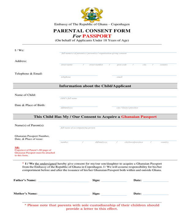 Parental Consent Form For Passport Sample