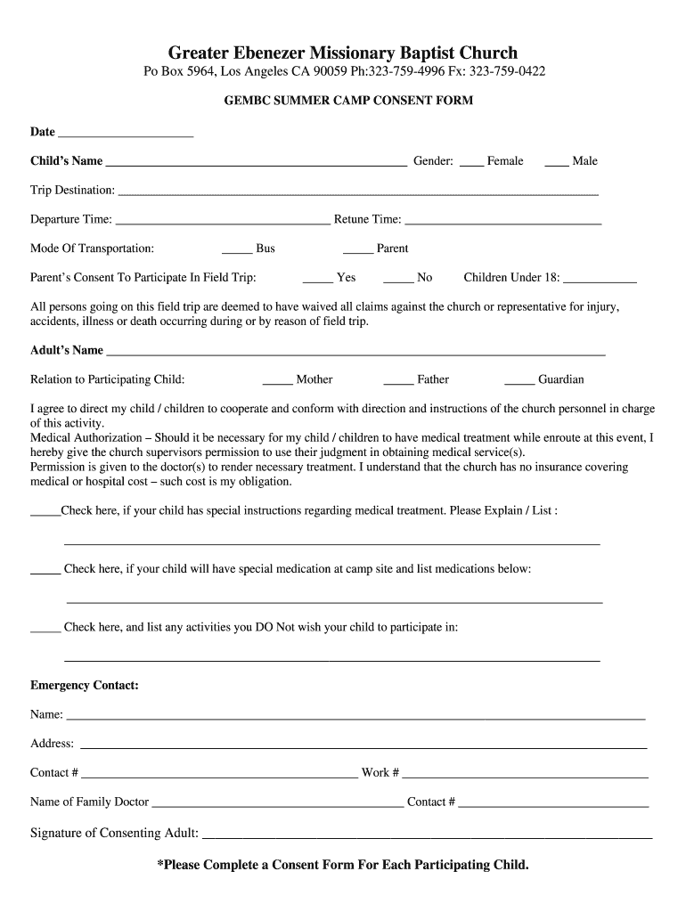 Camp Consent Form
