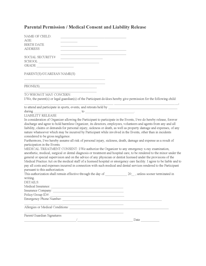 Parental Permission And Medical Consent Form