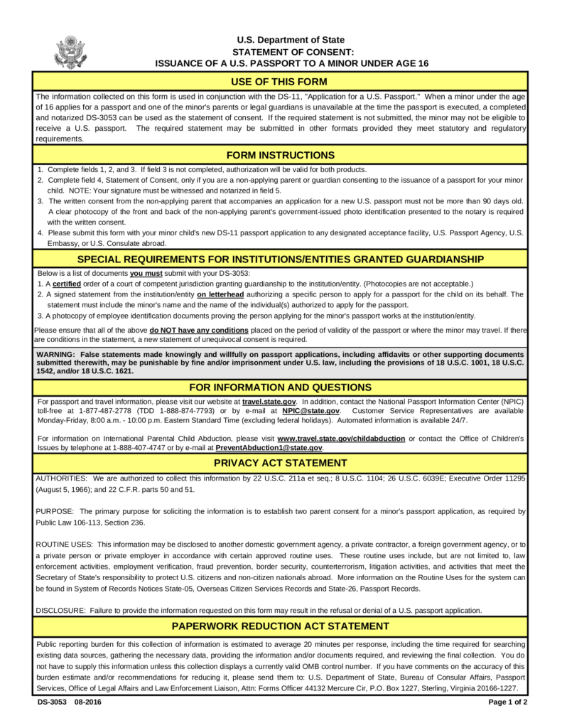 Form Ds-3053 Statement Of Consent