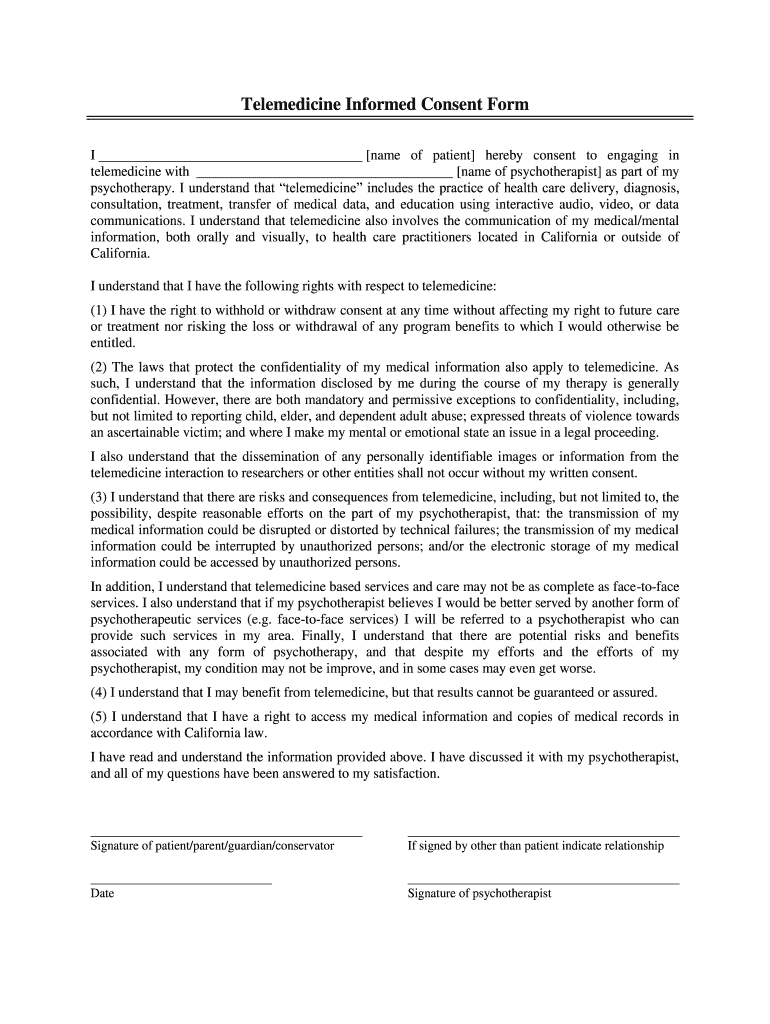 Telehealth Informed Consent Form Psychotherapy Pdf