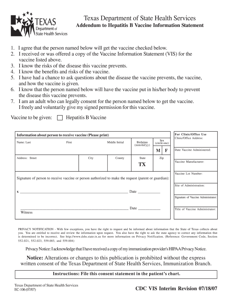 Tdap Consent Form Texas