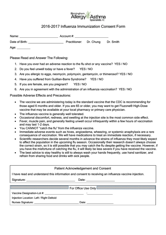 Flu Vaccine Consent Form Pdf