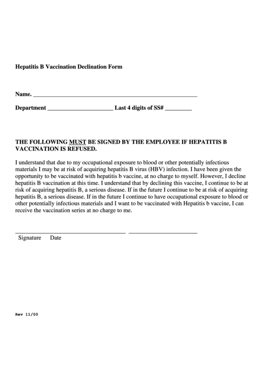 Hepatitis B Vaccine Consent Declination Form