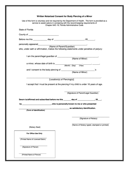 Notarized Florida State Minor Piercing Consent Form