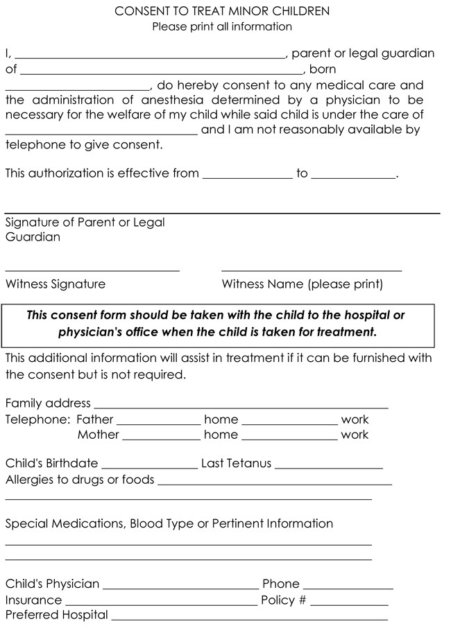 Printable Consent To Treat Minor Form