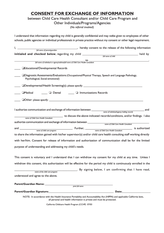 Consent To Exchange Information Form