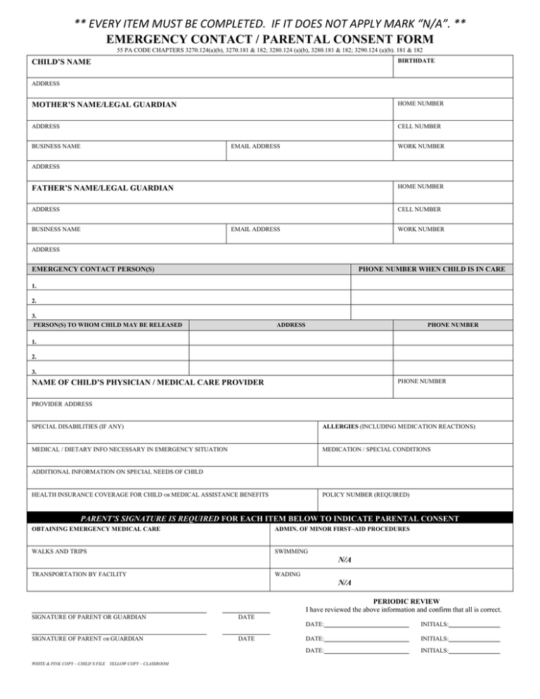 Emergency Contact Parental Consent Form Pa