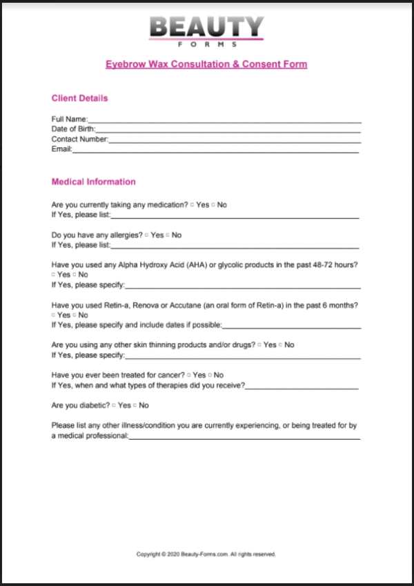 Brow Wax And Tint Consent Form