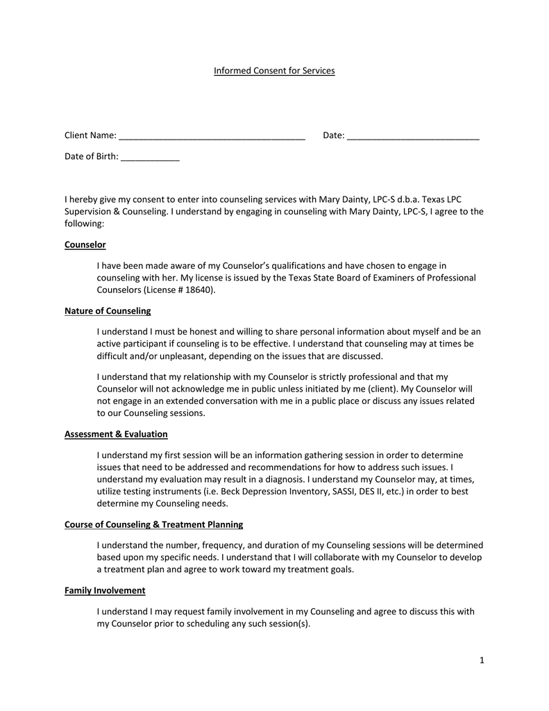 Professional Counseling Informed Consent Form Texas