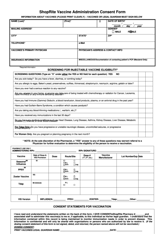 Shoprite Vaccine Consent Form