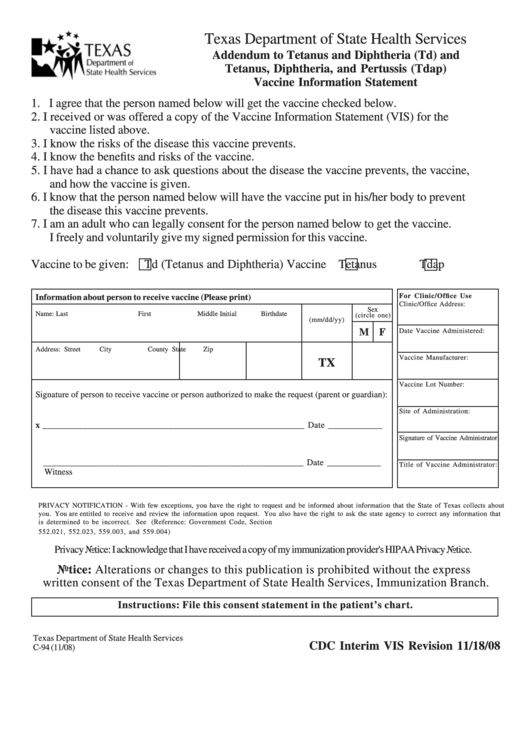 Texas Department Of State Health Services Vaccine Consent Forms