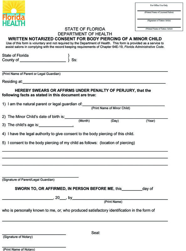 Florida Minor Consent Form For Piercing