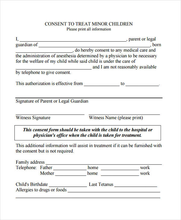 Free Consent For Medical Treatment Of A Minor Form