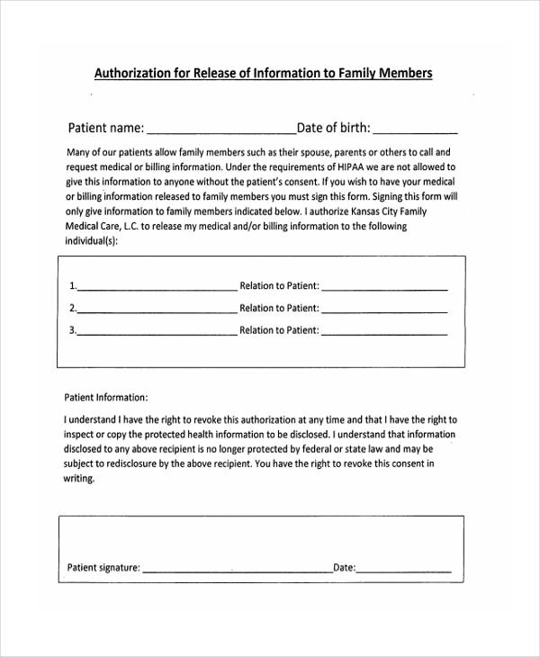 Consent Form To Share Medical Information With Family