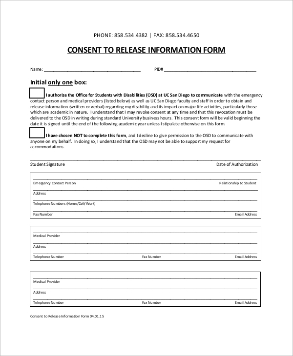 Sample Consent To Release Information Form