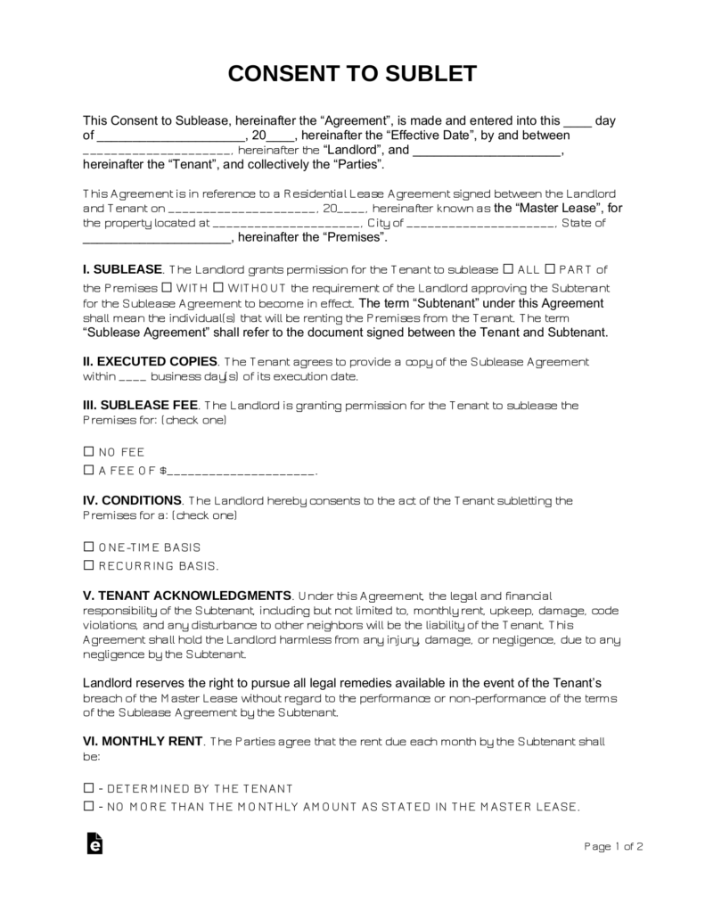 Landlord Consent To Sublease Form