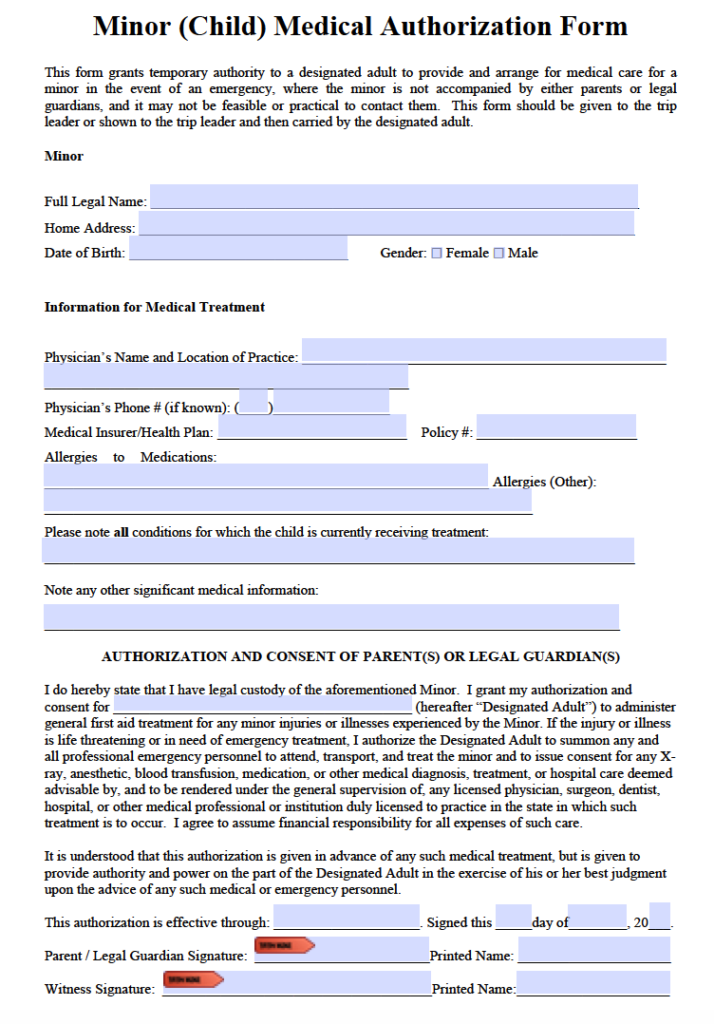 Emergency Medical Consent Form For Minors