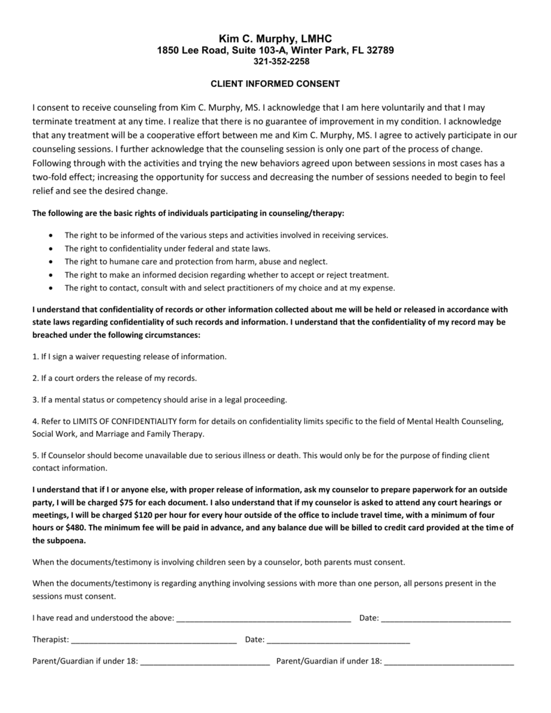 Informed Consent Form For Mental Health Counseling