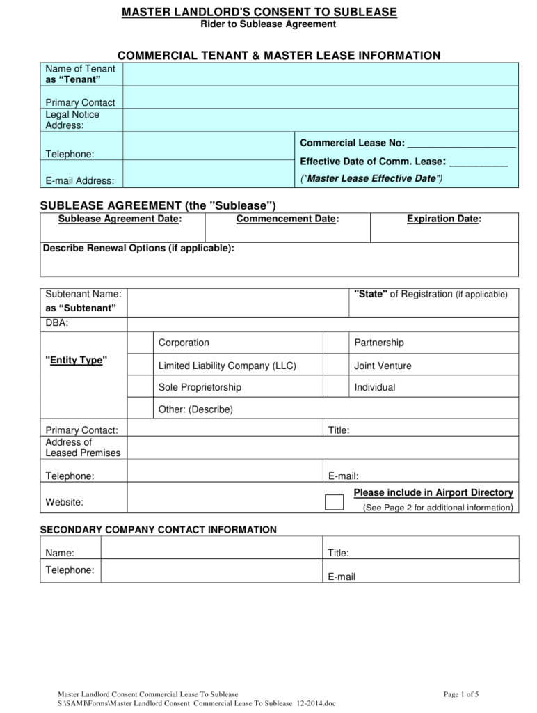 Landlord Consent To Sublease Form