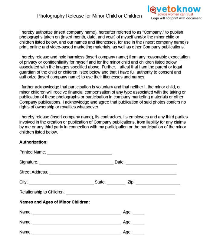 Children's Photo Release Consent Form