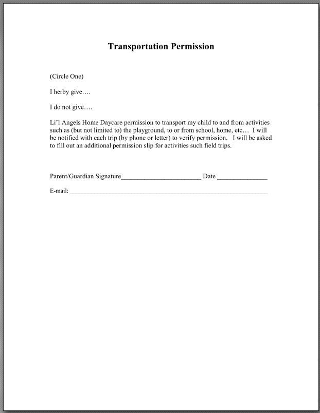 Transportation Consent Form For Daycare