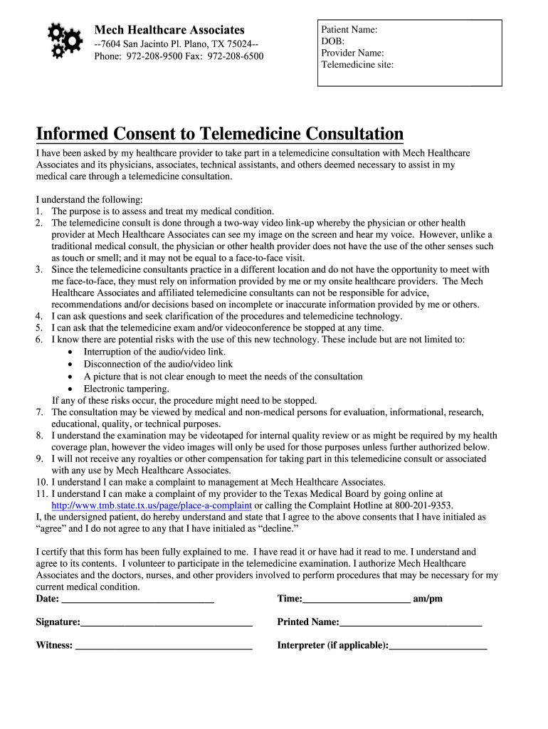 Telehealth Informed Consent Form Physical Therapy